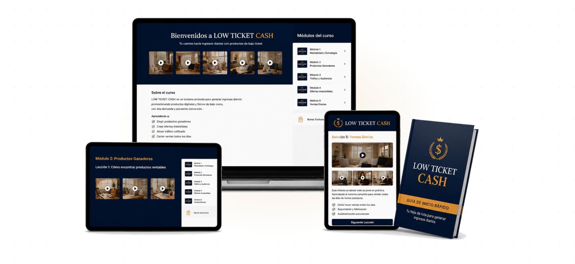 Mockup del curso LOW TICKET CASH en laptop, tablet, mobile y libro